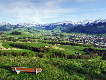 Alpine panorama of the villages and pastures of the Swiss canton Appenzell, Switzerlandの写真素材