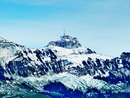 View to the peak Hoher Kasten in mountain mass Alpstein - Canton of Appenzell Innerrhoden, Switzerlandの写真素材