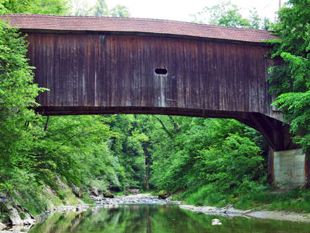 An old traditional wooden bridge across the river Sitter, St. Gallen