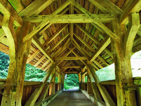 The construction of a traditional wooden bridge over the river Sitter, St. Gallen