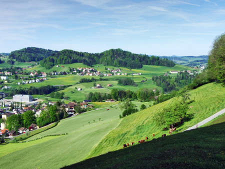 Pastures and hills of Herisau (Canton Appenzell Ausserrhoden, Switzerland)の写真素材
