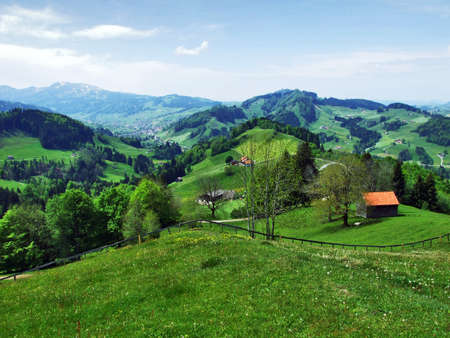 Farms and pastures of the ZÃ¼rchersmÃ¼hle village - Canton of Appenzell Ausserrhoden, Switzerlandの写真素材