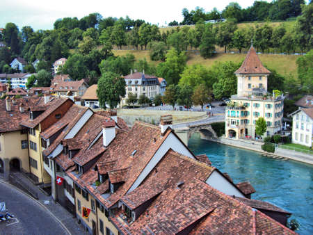 Panoramic view of the roofs of houses along the river Aare in the center of Bern - the capital of the Swiss Confederationの写真素材