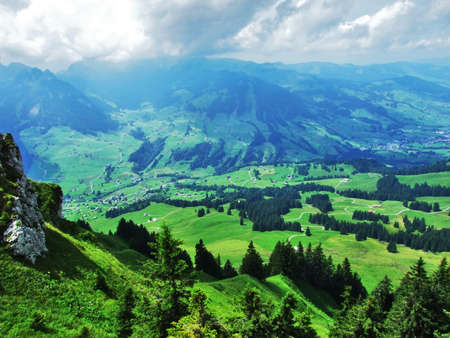 Panoramic view on the landscape from Obertoggenburg mountain - Canton St. Gallen, Switzerlandの写真素材
