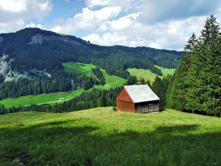 Alps architecture and farms of the Obertoggenburg region - Canton St. Gallen, Switzerlandの写真素材