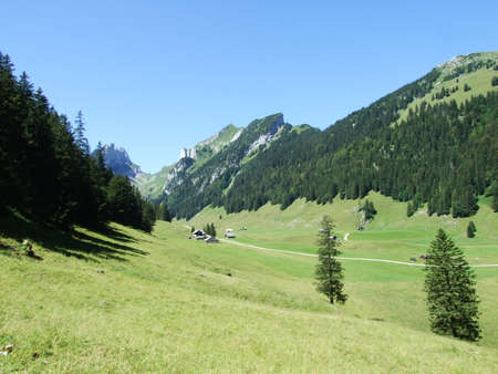 Picturesque pastures and hills in the Appenzellerland area - Canton of Appenzell Innerrhoden, Switzerlandの写真素材