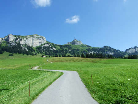 Picturesque pastures and hills in the Appenzellerland area - Canton of Appenzell Innerrhoden, Switzerlandの写真素材