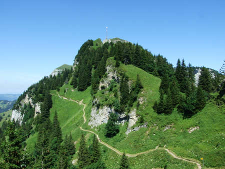 View to the peak Hoher Kasten in mountain mass Alpstein - Canton of Appenzell Innerrhoden, Switzerlandの写真素材