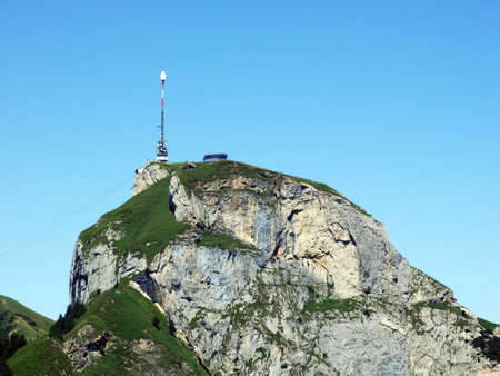 View to the peak Hoher Kasten in mountain mass Alpstein - Canton of Appenzell Innerrhoden, Switzerlandの写真素材