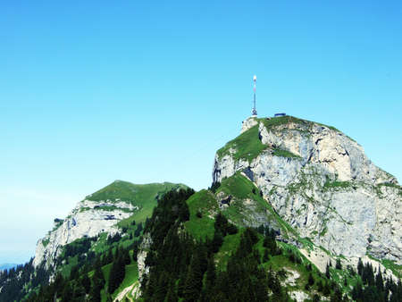 View to the peak Hoher Kasten in mountain mass Alpstein - Canton of Appenzell Innerrhoden, Switzerlandの写真素材