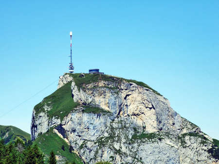 View to the peak Hoher Kasten in mountain mass Alpstein - Canton of Appenzell Innerrhoden, Switzerlandの写真素材