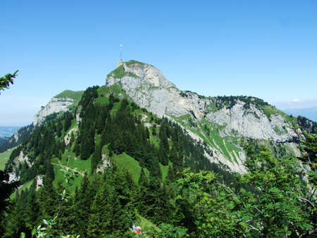 View to the peak Hoher Kasten in mountain mass Alpstein - Canton of Appenzell Innerrhoden, Switzerlandの写真素材
