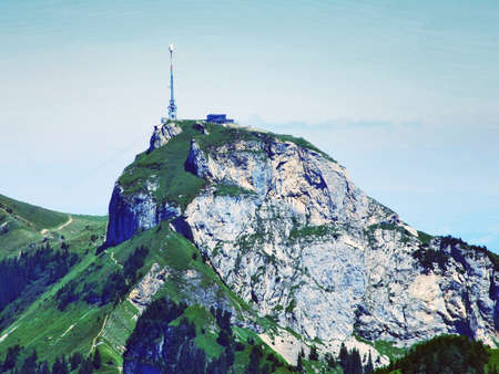 View to the peak Hoher Kasten in mountain mass Alpstein - Canton of Appenzell Innerrhoden, Switzerlandの写真素材