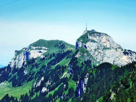View to the peak Hoher Kasten in mountain mass Alpstein - Canton of Appenzell Innerrhoden, Switzerlandの写真素材