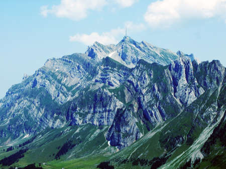 View to the peak SÃ¤ntis (Santis or Saentis) in mountain mass Alpstein - Canton of St. Gallen, Switzerlandの写真素材