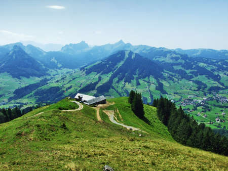 Farms and pastures of the Obertoggenburg region - Canton of St. Gallen, Switzerlandの写真素材