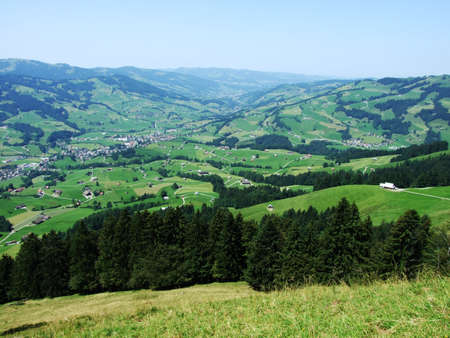 View of the river Thur valley from the Stockberg mountain - Canton of St. Gallen, Switzerlandの写真素材