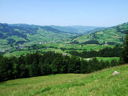 View of the river Thur valley from the Stockberg mountain - Canton of St. Gallen, Switzerlandの写真素材