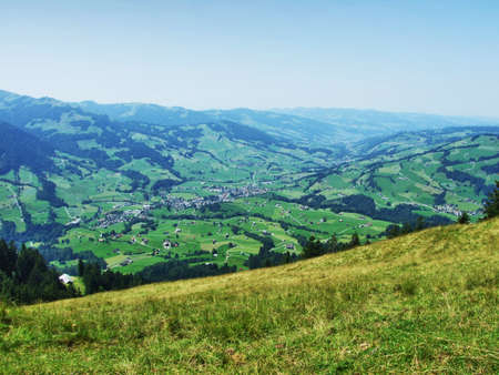View of the river Thur valley from the Stockberg mountain - Canton of St. Gallen, Switzerlandの写真素材