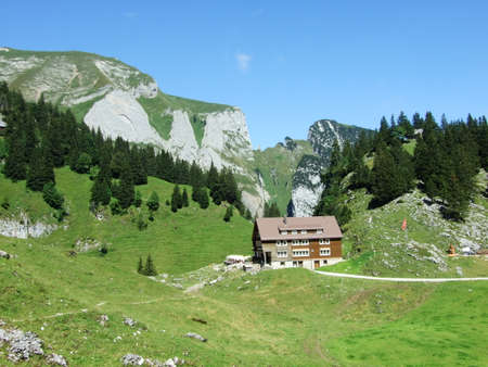 Berggasthaus Bollenwees or a mountain restaurant near Lake FÃ¤hlensee (Faehlensee or Fahlensee) - Canton of Appenzell Innerrhoden, Switzerlandのeditorial素材