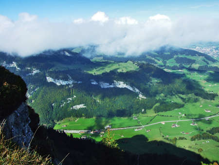 Panorama from the top of Alp Sigel in mountain mass Alpstein - Canton of Appenzell Innerrhoden,...
