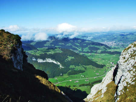 Panorama from the top of Alp Sigel in mountain mass Alpstein - Canton of Appenzell Innerrhoden, Switzerlandの写真素材