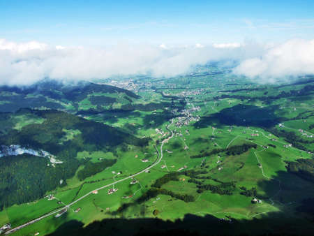 Panorama from the top of Alp Sigel in mountain mass Alpstein - Canton of Appenzell Innerrhoden, Switzerlandの写真素材