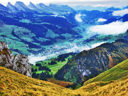 Panorama towards the Alpine peaks in the Churfirsten mountain chain - Cantons of St. Gallen, Switzerlandの写真素材