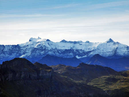 Panoramic view from the top of Selun in the Churfirsten mountain range - Canton of St. Gallen,...