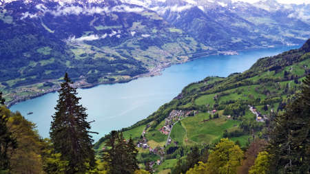 Lake Walensee in the Seeztal valley and between the Churfirsten and Glarus Alps mountain ranges - Canton of St. Gallen, Switzerlandの写真素材