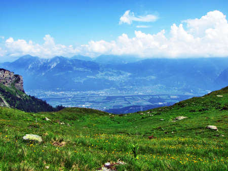 View of the river Rhine valley (Rheintal) from the Alvier mountain - Canton of St. Gallen,...