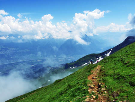 View of the river Rhine valley (Rheintal) from the Alvier mountain - Canton of St. Gallen, Switzerlandの写真素材