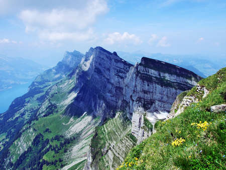 Mountain massive Churfirsten, between river valleys Thurtal and Seeztal - Canton of St. Gallen, Switzerlandの写真素材