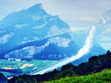 View of the river Rhine valley (Rheintal) from the Gonzen mountain - Canton of St. Gallen,...