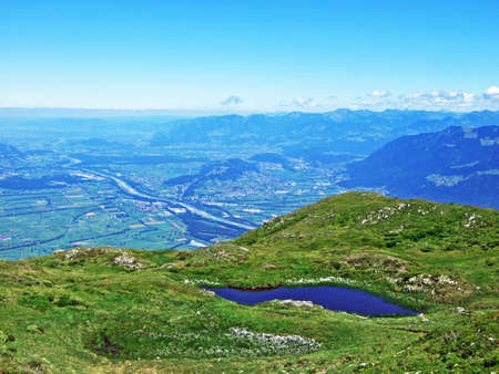 View on the river Rhine valley (Rheintal) from the Alviergruppe mountain range - Canton of St. Gallen, Switzerlandの素材 [FY310158066051]