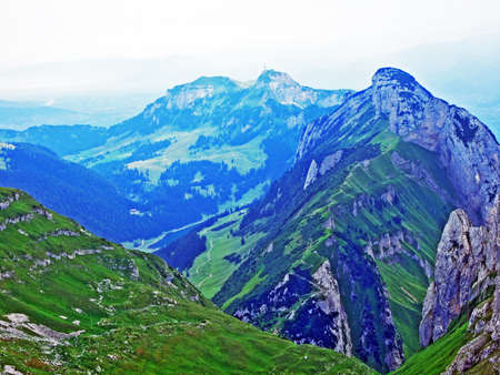 The beautiful Alpine peak of SÃ¤ntis in Alpstein mountain range - Canton of Appenzell Innerrhoden,...