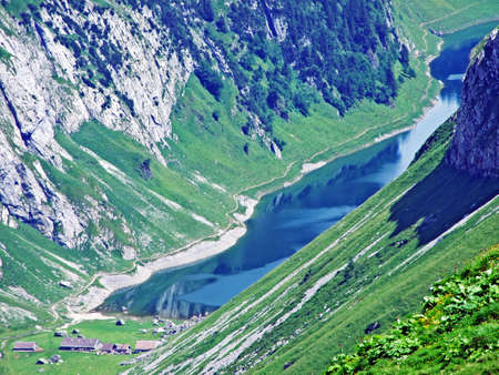 Alpine lake FÃ¤hlensee (Fahlensee or Faehlensee) in mountain range Alpstein - Canton of Appenzell Innerrhoden, Switzerlandの写真素材