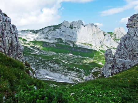The spiky alpine peaks of FÃ¤hlentÃ¼rm at the Alpstein mountain range - Canton of Appenzell Innerrhoden, Switzerlandの写真素材