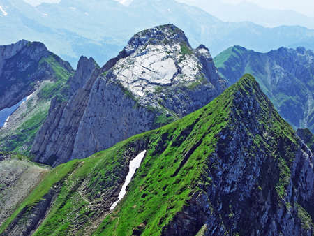 Alpine peak Silberplatten in mountain range Alpstein - Canton of St. Gallen, Switzerlandの写真素材