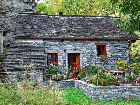 A typical old traditional architecture in the Magic Valley or Valle di Magia (Valle Maggia) - Canton of Ticino, Switzerlandの写真素材