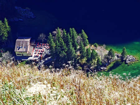 Seealpsee Guest house, Gasthaus Sealpsee or mountain restaurant Seealpsee in the Alpstein mountain...