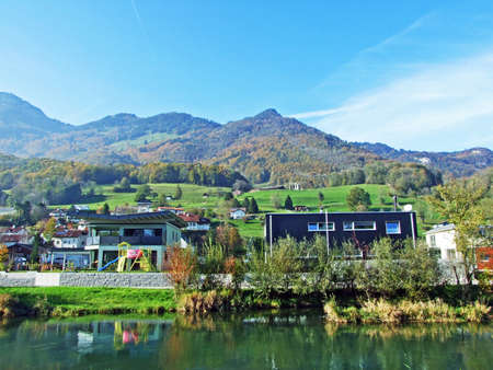 A village of RÃ¼thi SG (Ruthi SG or Ruethi SG) at the foot of a Alpstein mountain range and in the...