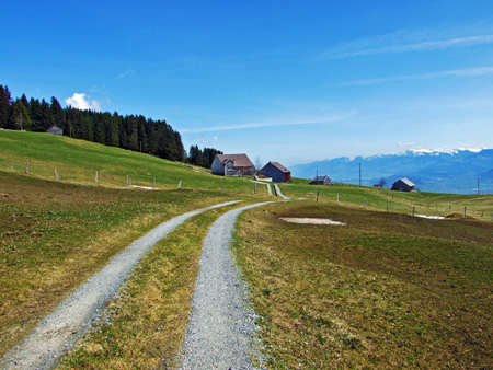 Walking and marked trails in the Thur river valley and in the Toggenburg region, Wildhaus - Canton of St. Gallen, Switzerlandの写真素材