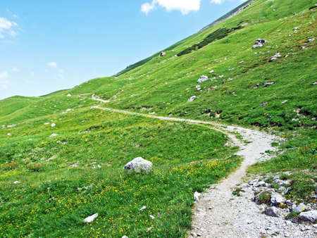 Walking and hiking trails over the Malbuntal alpine valley and in the Liechtenstein Alps mountain range - Malbun, Liechtensteinの写真素材