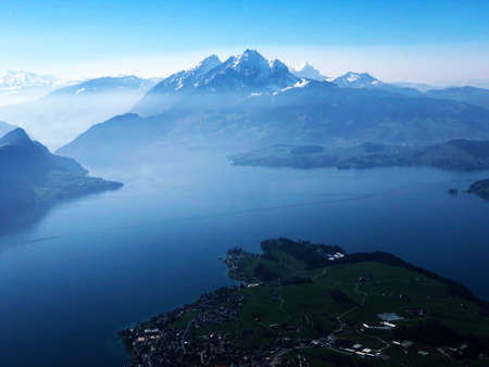 View of Lake Lucerne (VierwaldstÃ¤tersee) and peak Pilatus in the background from Rigi Mountain - Canton of Lucerne, Switzerlandの写真素材