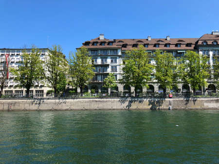 Business and residential buildings along the Limmat River in the city of Zurich, Switzerland