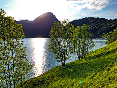 Gross Aubrig Mountain above the valley Wagital or Waegital and alpine Lake Wagitalersee (Waegitalersee), Innerthal - Canton of Schwyz, Switzerlandの写真素材