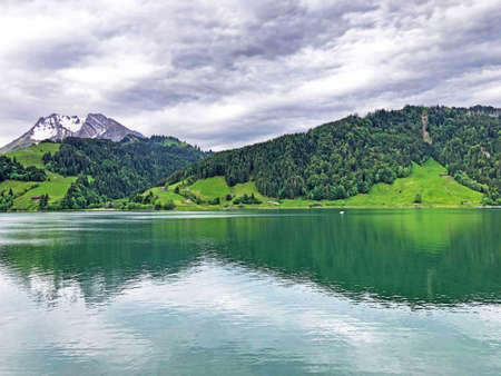 Turner and Diethelm Mountains above the valley Wagital or Waegital and alpine Lake Wagitalersee (Waegitalersee), Innerthal - Canton of Schwyz, Switzerland (Kanton Schwyz, Schweiz)の写真素材