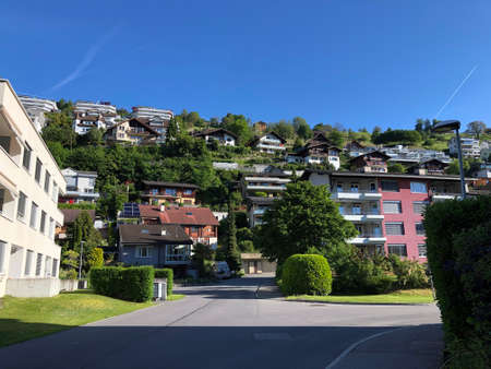 Settlement EnnetbÃ¼rgen (Ennetburgen or Ennetbuergen) on the shores of Lake Luzerne and at the end of the Engelbergertal Valley - Canton of Nidwalden, Switzerlandの写真素材