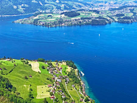 View of the Lake Luzerne or VierwaldstÃ¤ttersee (Vierwaldstaettersee oder Vierwaldsattersee) from the BÃ¼rgenberg mountain, ObbÃ¼rgen (Obburgen or Obbuergen) - Canton of Nidwalden, Switzerlandの写真素材